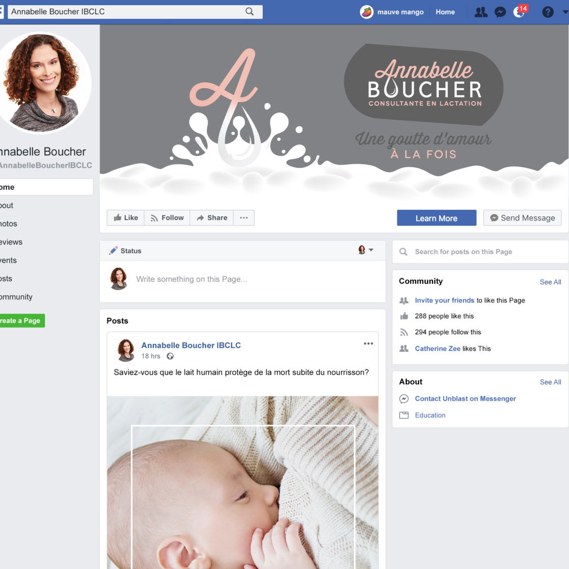 Facebook page of lactation consultant Annabelle Boucher, IBCLC with picture of baby breastfeeding.