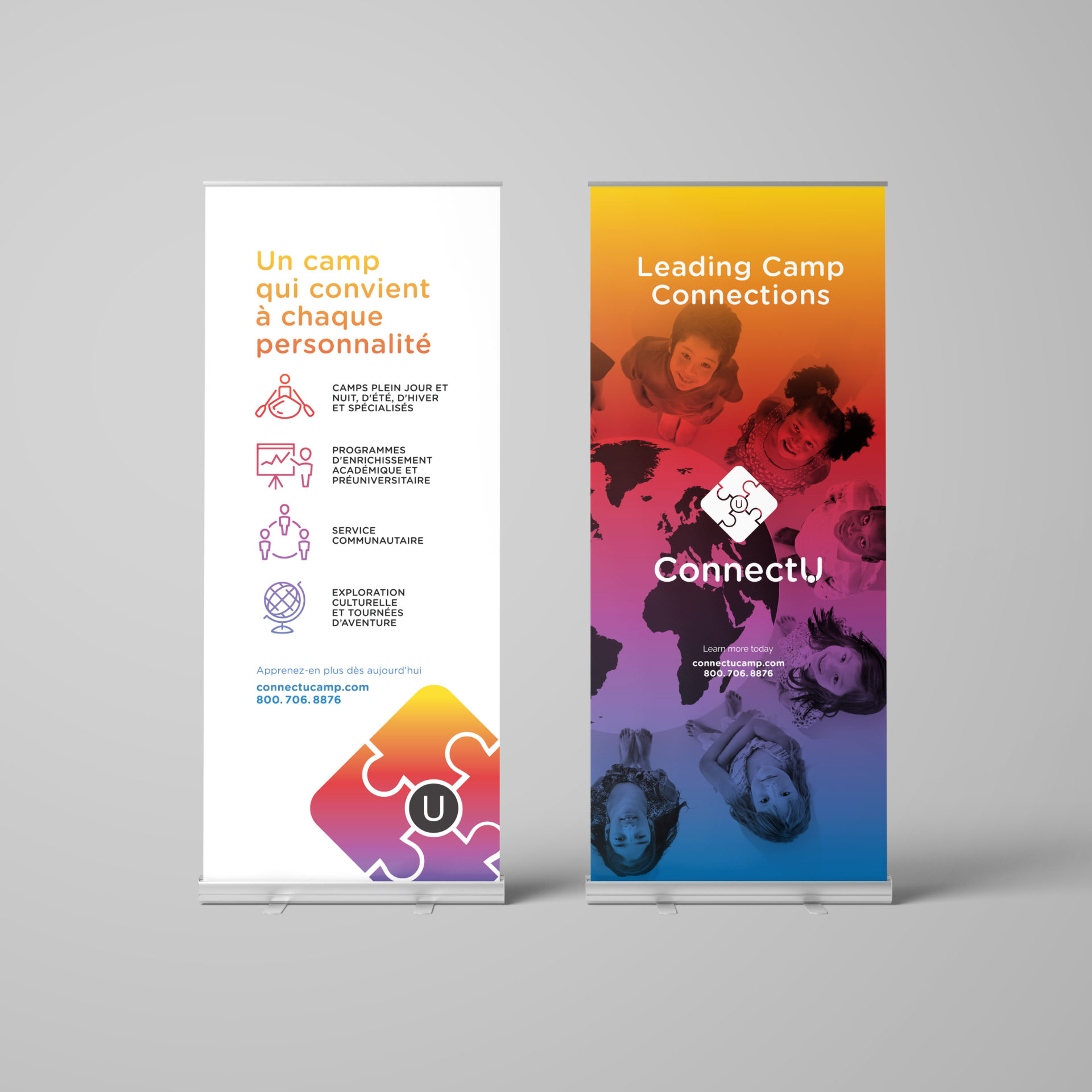 Rollup banner designs with multicoloured gradient and picture of multicultural children around a globe. Designed for Connect U International.