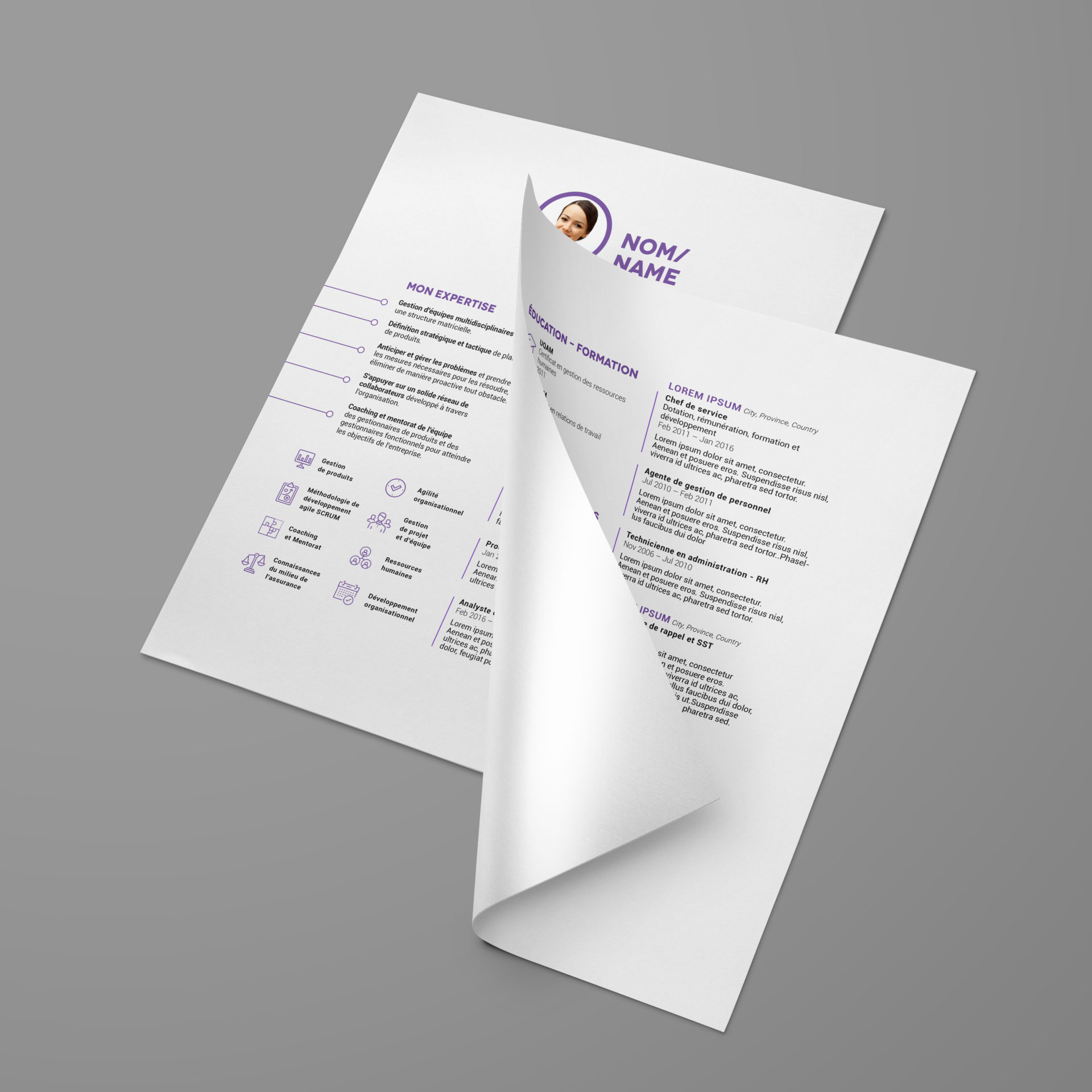 front and back of CV on white background with purple and black text.