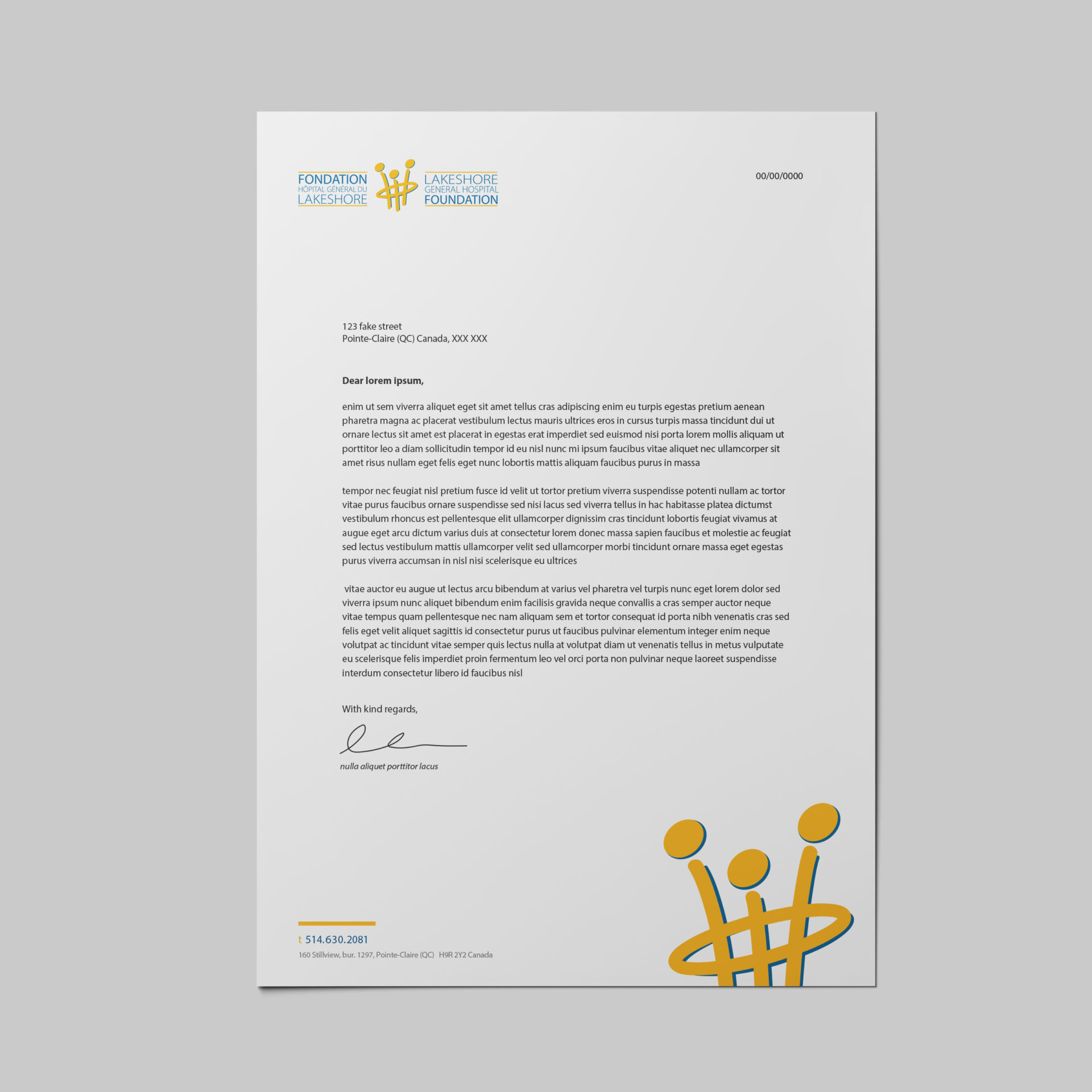 White letterhead with Lakeshore General Hospital Foundation logo in header, contact information and logo mark in the footer.