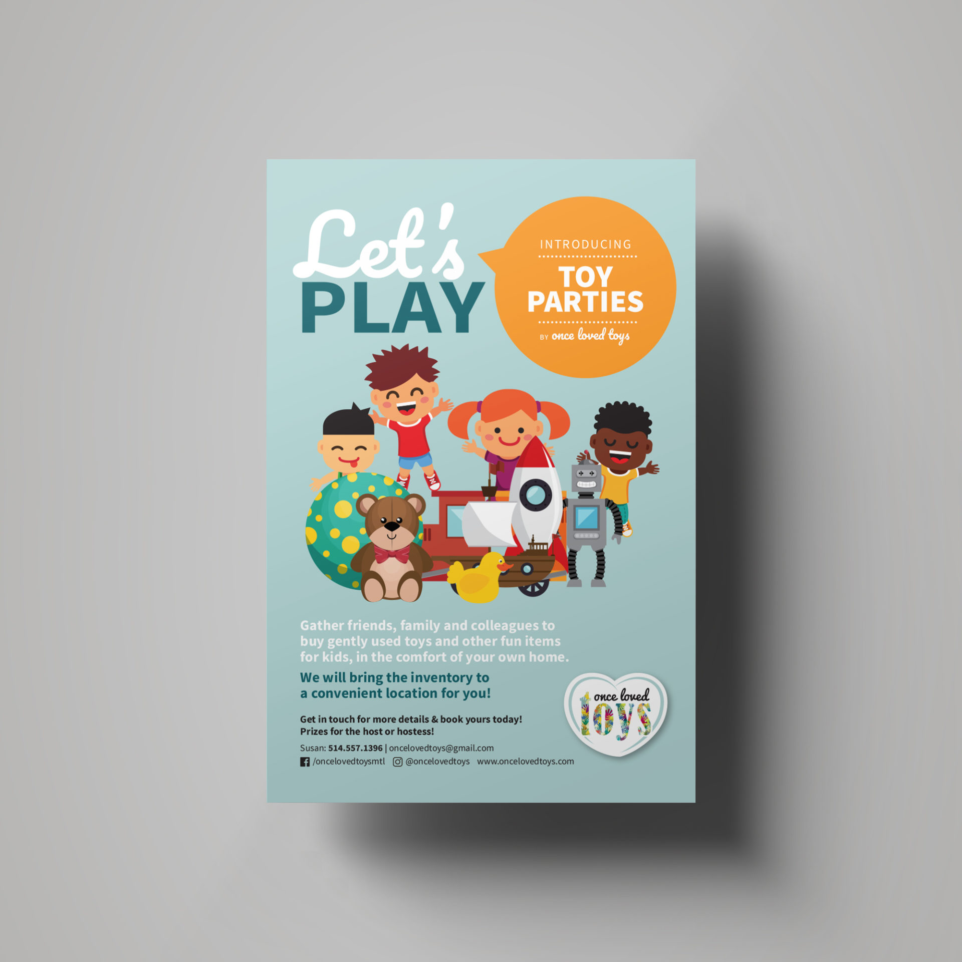 Illustration of multicultural children playing with toys with the caption 'Let's Play - introducing Once Loved Toys'