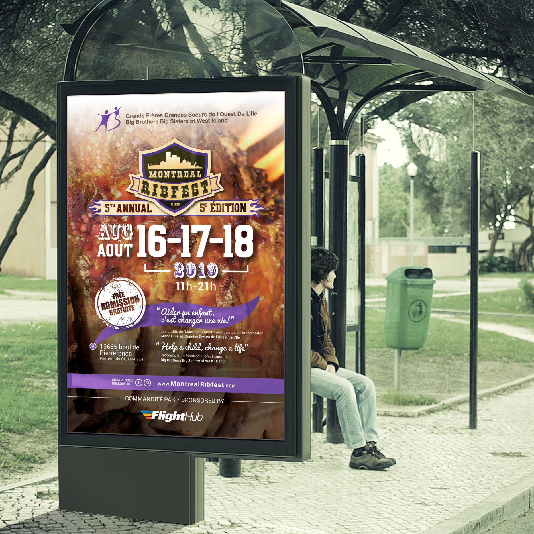 Montreal's West Island Ribfest 2019 advertisement at bus stop.